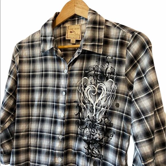 PINK ROSE Black,Grey&White Plaid Graphic Button Up - Picture 2 of 8